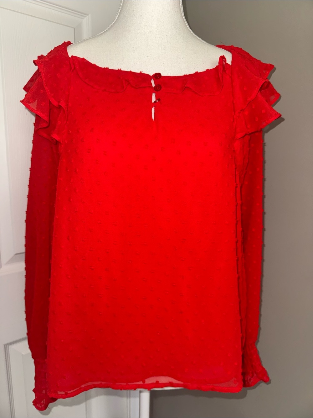 Halogen Women's Red Textured Ruffle Lined Blouse Size M Long Sleeve Casual Fairy